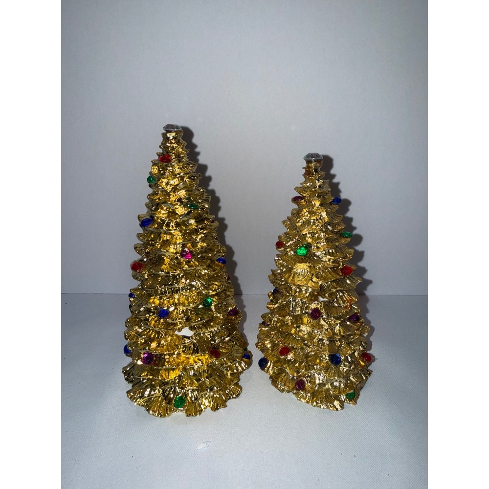 Vintage Gold Ceramic Christmas Tree Set Multi-Color Jewel Accents Tabletop Decor